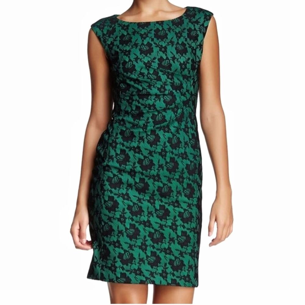 Tahari ASL Lace Overlay Green Side Scrunch Sleeveless Sheath Dress Fairy Goth 12